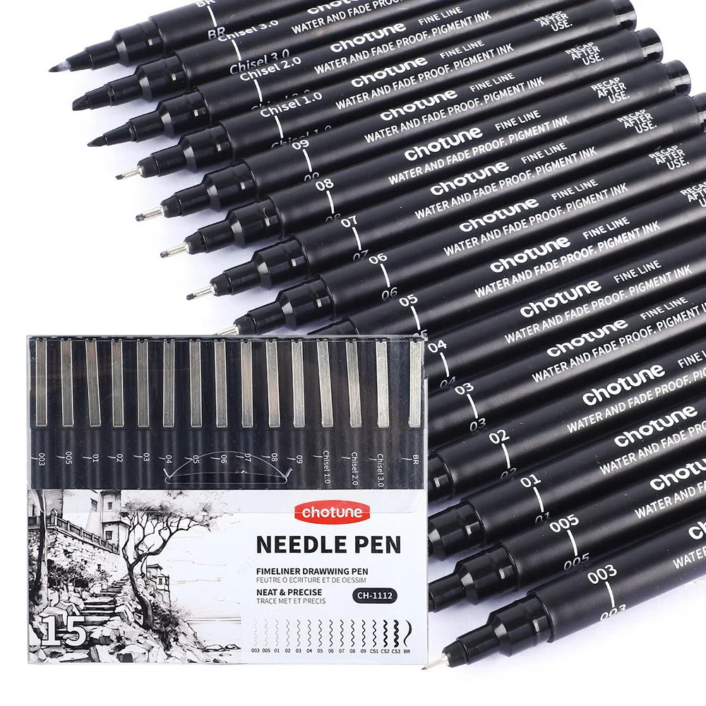 Correction Pen Fine - Черные микроручки, 15 размеров, водонепроницаемые архивные